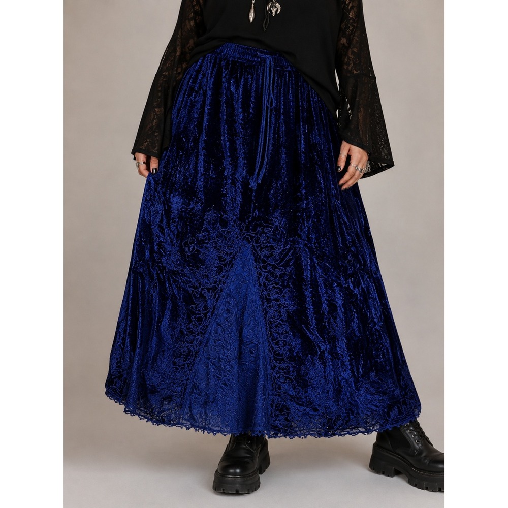90s Whimsigoth Blue Crushed Velvet Skirt 2x Raaga Embroidered Boho Goth